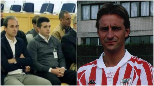 'Txutxi', el primero a la izquierda, en el juicio de 2015 y durante su etapa en el Athletic