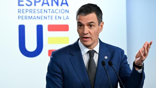 El presidente del Gobierno, Pedro Sánchez, durante la rueda de prensa de este jueves en Bruselas