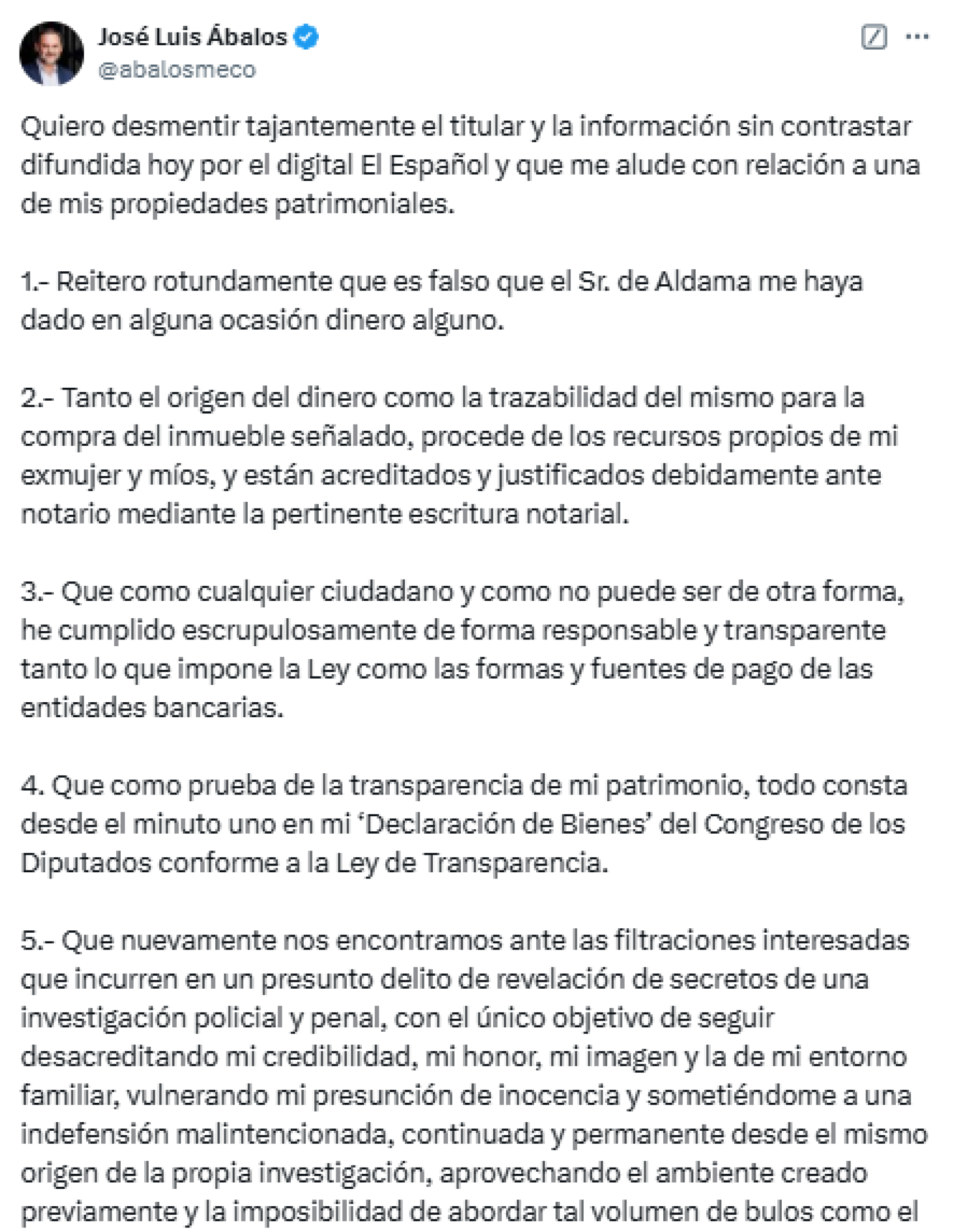 El tuit publicado este viernes por el exministro José Luis Abalos en la red social X.