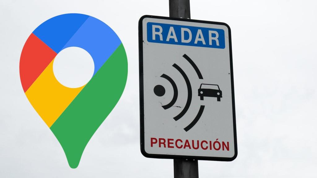 Montaje de una señal de aviso de radar de velocidad y el icono de Google Maps