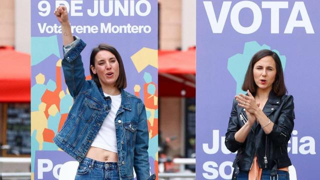 La eurodiputada Irene Montero y la secretaria general de Podemos, Ione Belarra, el pasado mes de junio durante la campaña de las elecciones europeas.