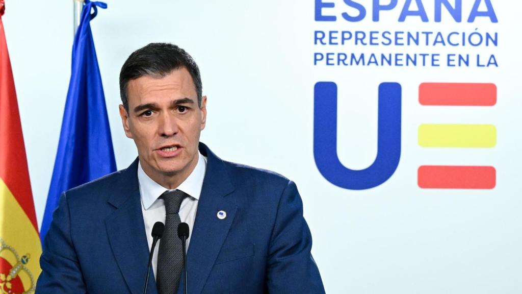 El presidente del Gobierno, Pedro Sánchez, durante su rueda de prensa de este jueves en Bruselas