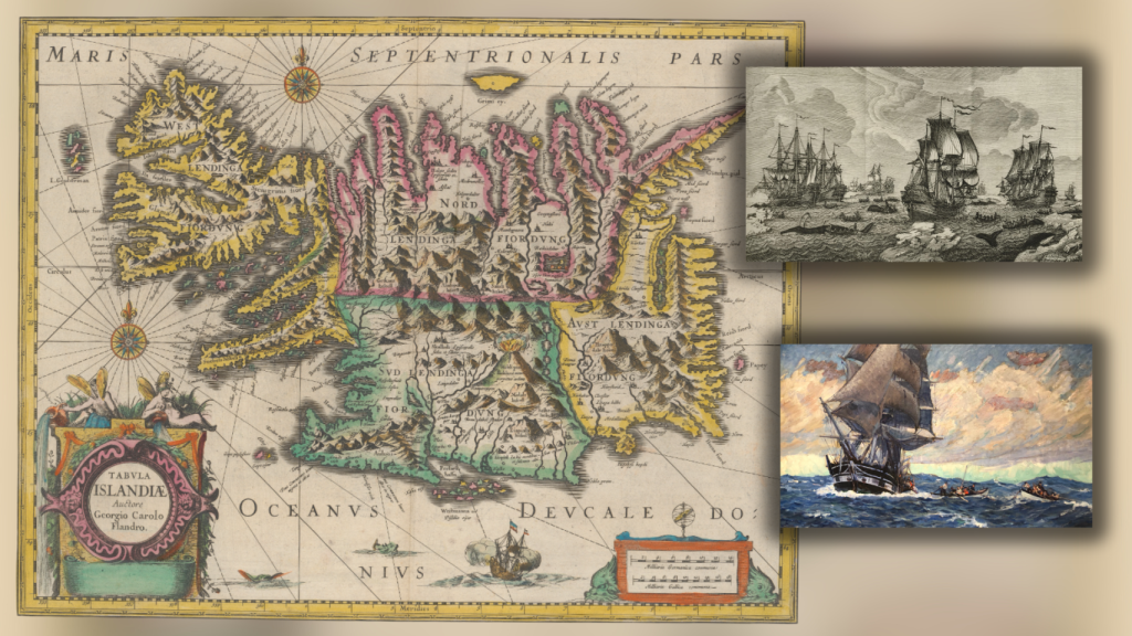 Mapa de Islandia junto a buques balleneros.