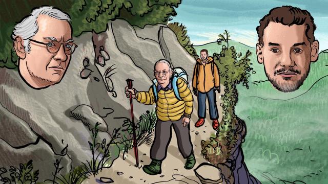 Ilustración de Isak Andic y su hijo Jonathan durante el paseo por el sendero de 'Les Feixades'