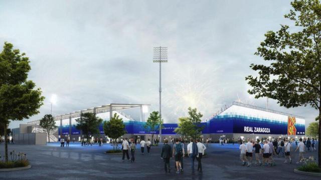 Imagen de cómo se verá el estadio modular en el Parking Norte, en Zaragoza.