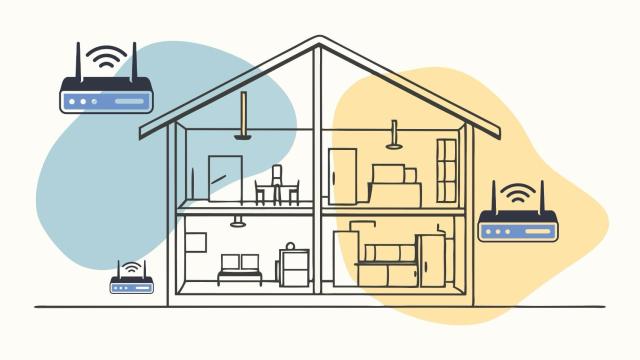 Ilustración esquemática de una casa con varios routers de conexión a Internet