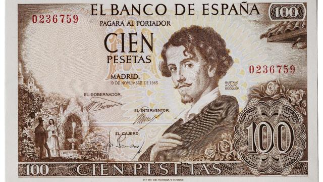 Billete de 100 pesetas con la imagen de Bécquer.