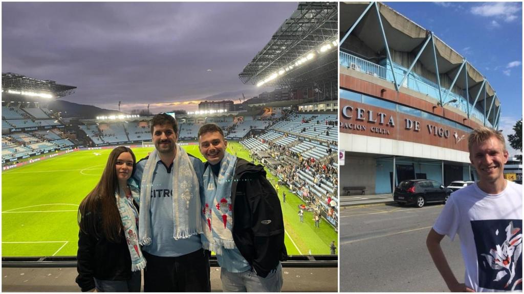 De izquierda a derecha; Alba, Xurxo y Manu, tres celtistas residentes en Dinamarca en el estadio de Balaídos. A la derecha el danés Anders Grønborg Greve.