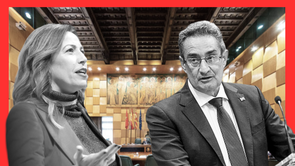 La alcaldesa, Natalia Chueca, y Julio Calvo, portavoz de Vox en el Ayuntamiento de Zaragoza.