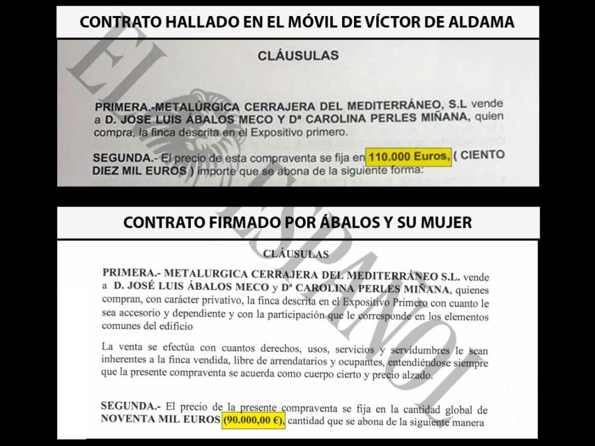 Imágenes de los dos contratos para la compra del local de Ábalos en Valencia, el encontrado en el teléfono de Aldama y el firmado por el político y su entonces esposa. El precio en el primero es de 110.000 euros y en el otro, de 90.000.