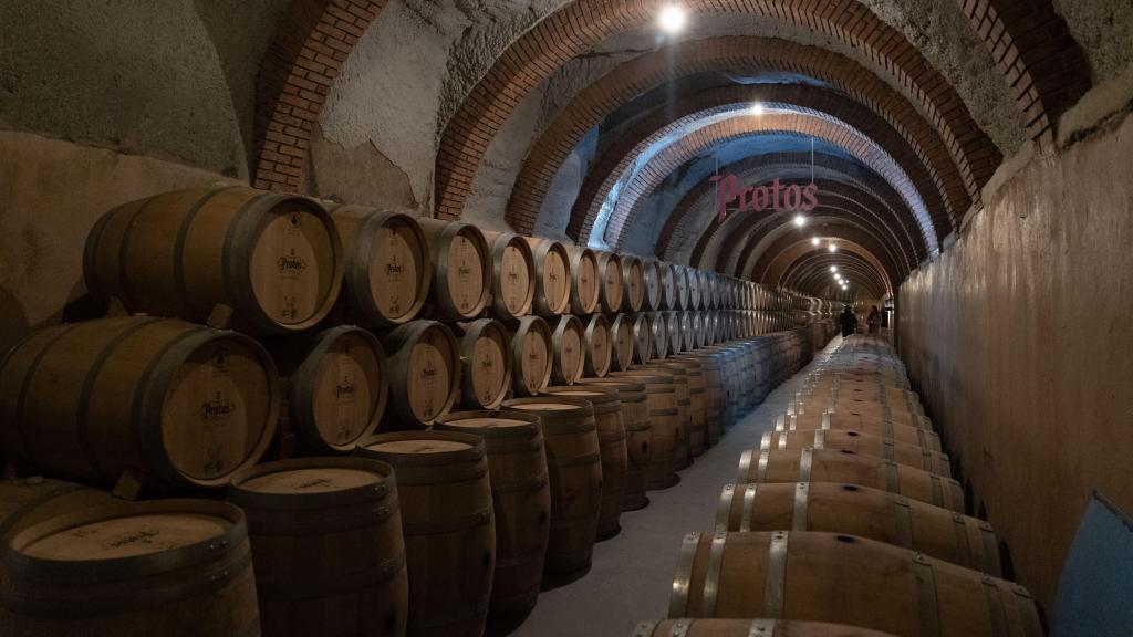 Bajo el castillo de Peñafiel, en Valladolid, Protos cuenta con varios kilómetros de bodegas laberínticas donde fermenta su vino.