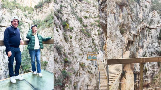 Tres vistas de la pasarela de Relleu en la que este jueves ha estado la consellera Cano con el alcalde Pascual.