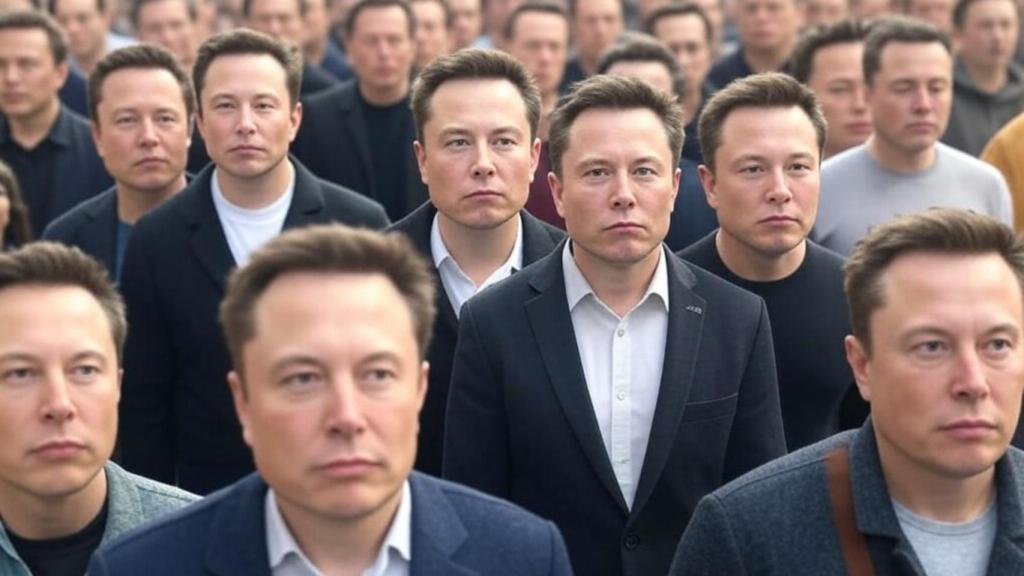 Imagen de decenas de personas con la cara de Elon Musk generada por Grok