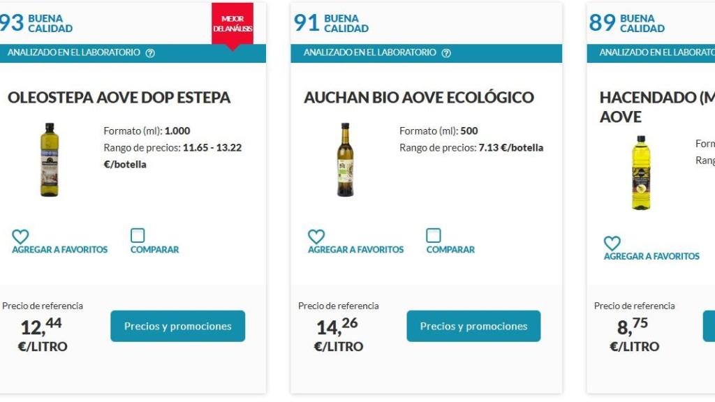 Tres primeros aceites en la clasificación.