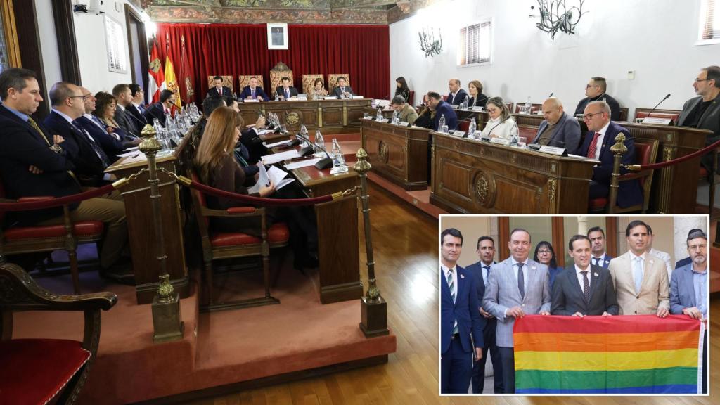 Imagen del pleno de la Diputación de Valladolid junto a otra del presidente de la institución provincial, Conrado Íscar; y varios diputados sosteniendo la bandera LGTBI