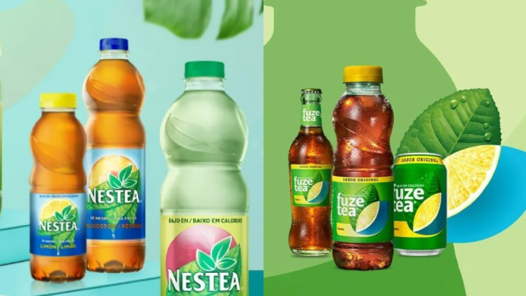 Montaje de botellas de Nestea y Fuze Tea.