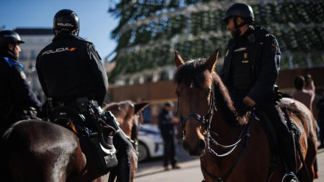 Varios agentes de policía a caballo en la presentación del dispositivo policial durante las fiestas navideñas, en la Puerta del Sol, en una imagen de archivo.