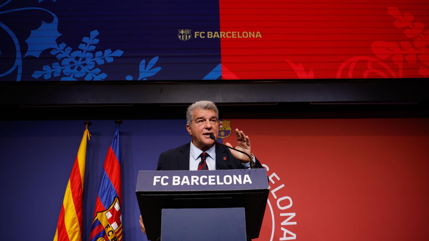 Joan Laporta durante el discurso de la comida navideña del club para los medios.