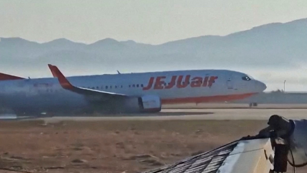 Avión de Jeju Air pocos segundos después de tomar tierra, sin tren ni flaps desplegados