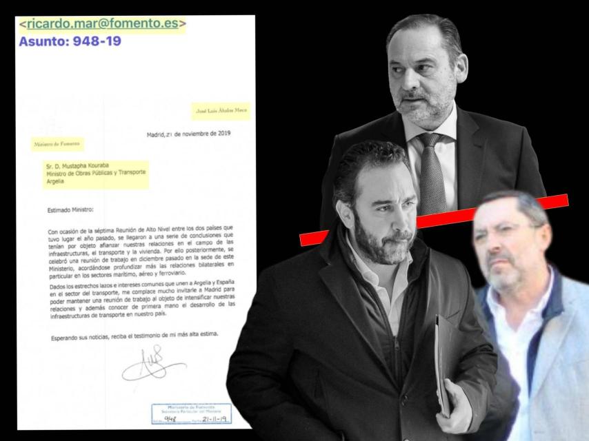 José Luis Ábalos, Víctor de Aldama y el constructor José Ruz, junto a la carta enviada por el ministro de Transportes al Gobierno de Argelia.