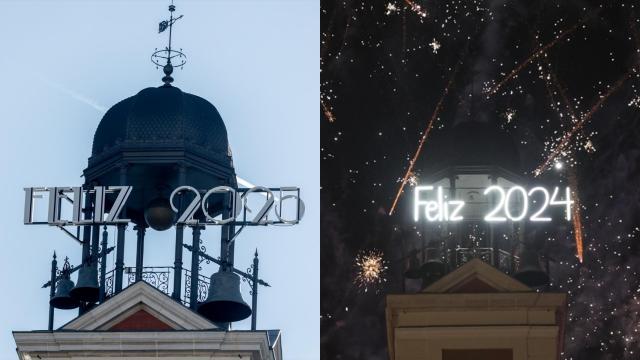 A la izquierda, el cartel luminoso en el que se lee 'Feliz 2025'; y en la izquierda el colocado en 2024 para las Campanadas de Nochevieja, en la Puerta del Sol.