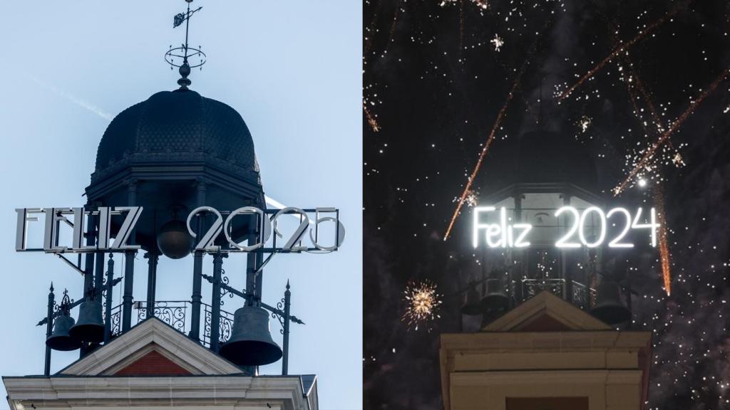 A la izquierda, el cartel luminoso en el que se lee 'Feliz 2025'; y en la izquierda el colocado en 2024 para las Campanadas de Nochevieja, en la Puerta del Sol.