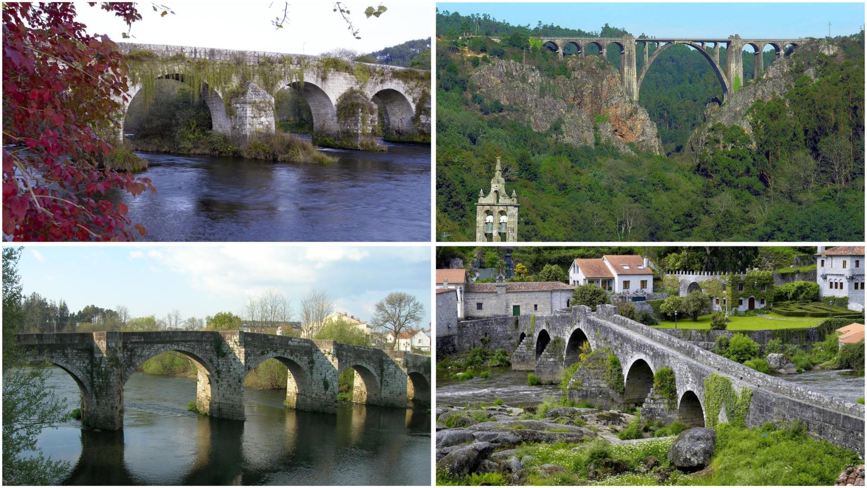 Arriba, a la izquierda, Ponte Ledesma. A su izquierda, Ponte Gundián. Abajo a la izquierda, Pontevea y, a su  derecha, A Ponte Maceira.