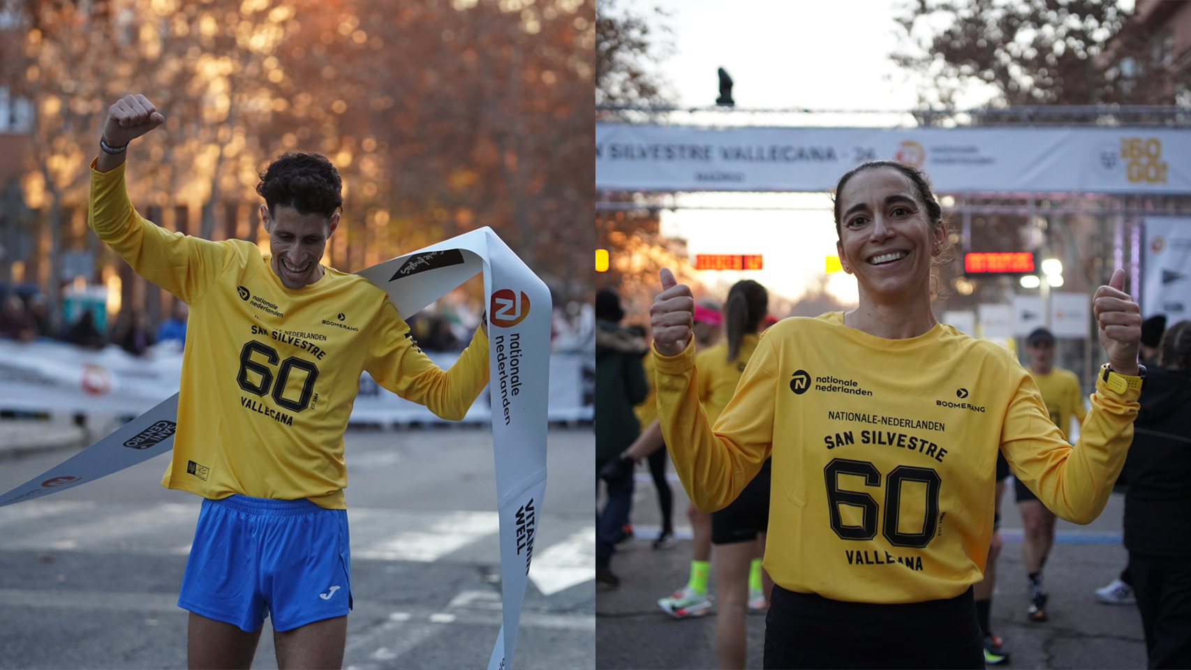 Mohamed Massat y Esther Ramos celebran la victoria en la San Silvestre Vallecana.