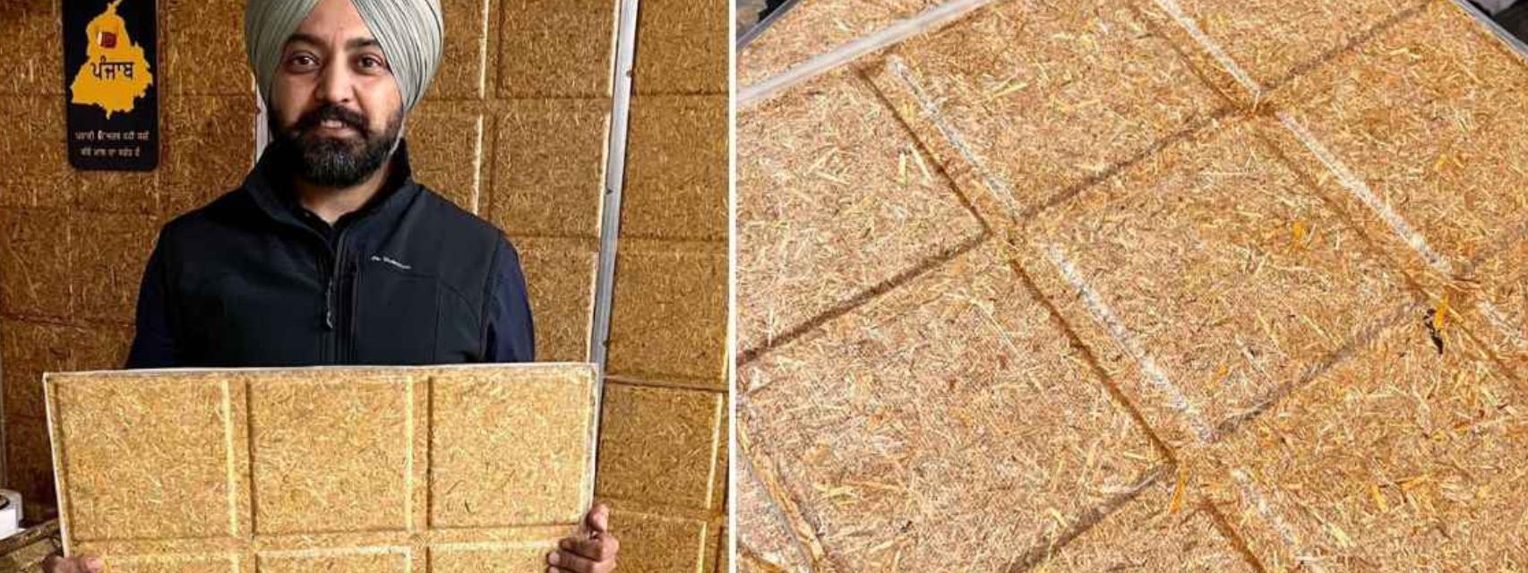 Parminder Singh sujetando una de sus baldosas aislantes.