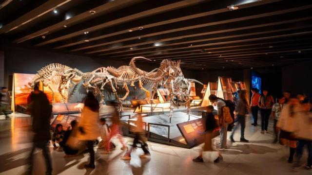 Público en la exposición 'Dinosaurios de la Patagonia' en CaixaForum Madrid. Foto: Máximo García -