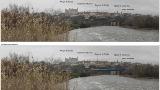 Recreación del impacto del viaducto del AVE sobre el Tajo sobre la vista de Toledo.