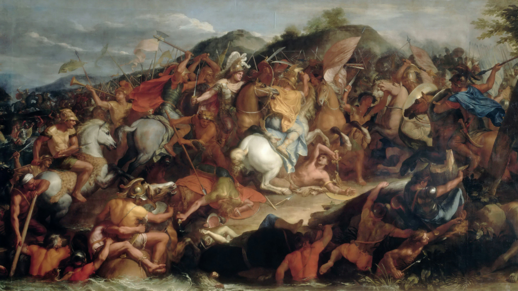 Alejandro Magno cruzando el río Gránico en una pintura de Charles Le Brun.