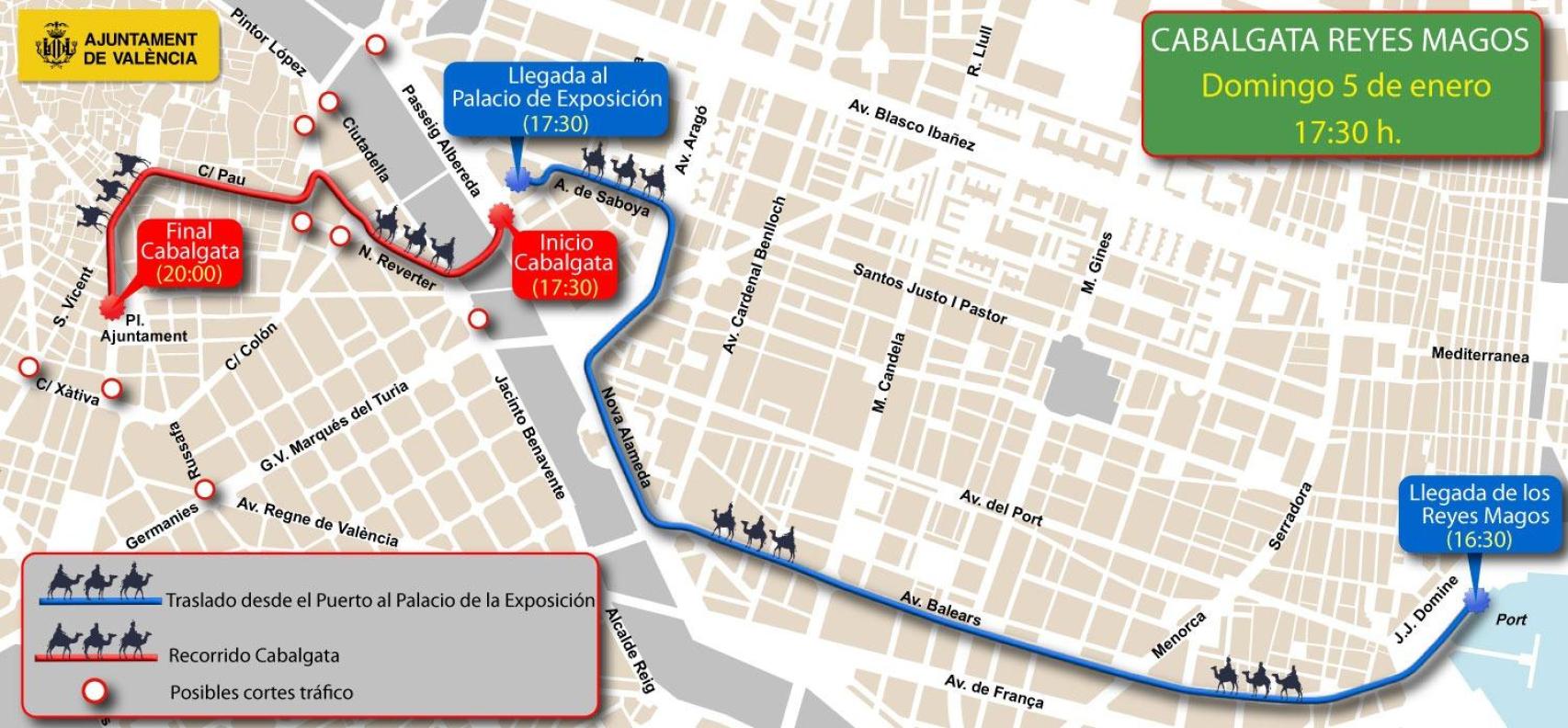 Recorrido de la Cabalgata de los Reyes Magos de 2025 en Valencia. EE