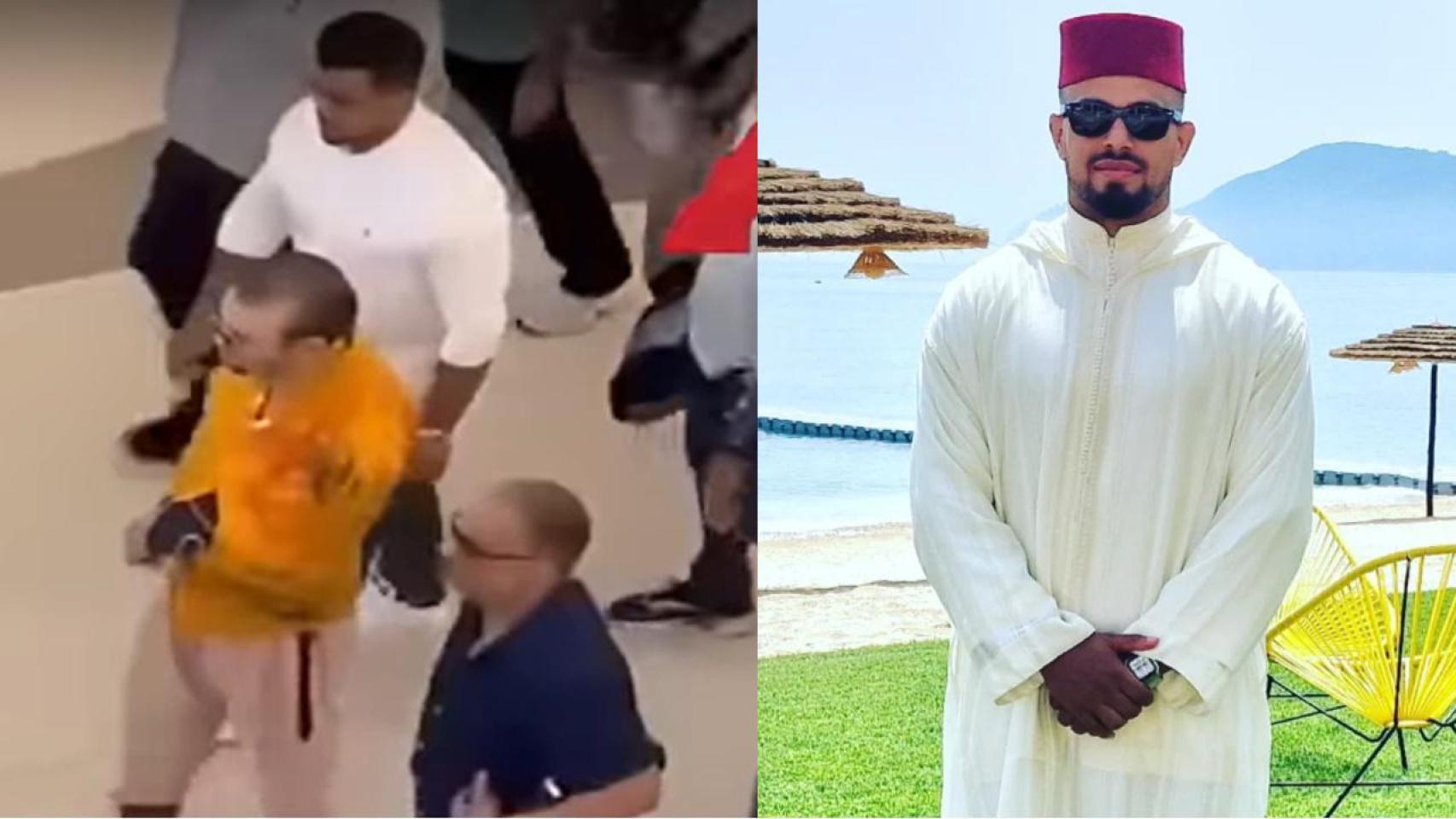 A la izquierda Yusef Kaddur vestido de blanco pasea junto al rey Mohammed VI por un centro comercial de Abu Dabi. A la derecha, el luchador melillense en una de sus imágenes en Instagram.