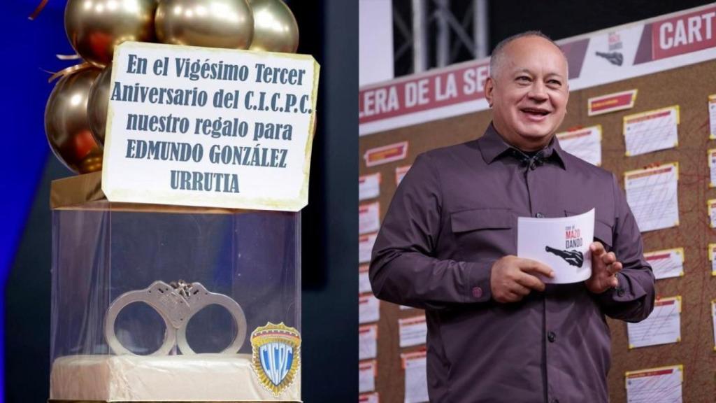 Diosdado Cabello muestra las esposas con las que será detenido Edmundo González si vuelve al país.