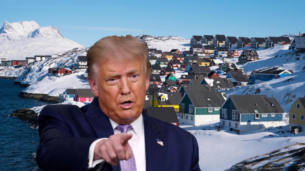 Fotomontaje de Donald Trump, presidente de los EEUU, con el fondo de un pueblo de Groenlandia.