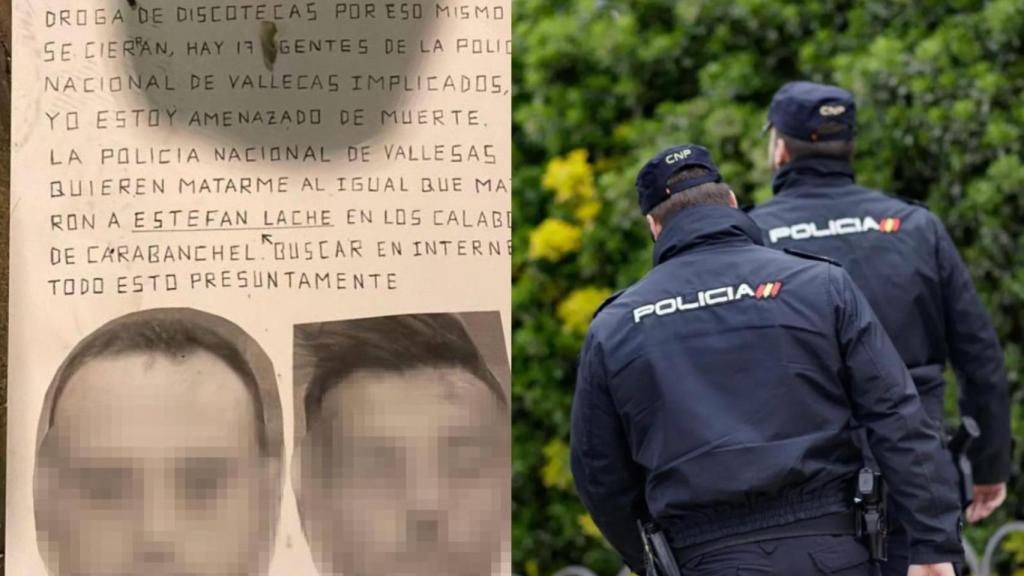 El cartel con los rostros de dos policías junto a una foto de archivo.