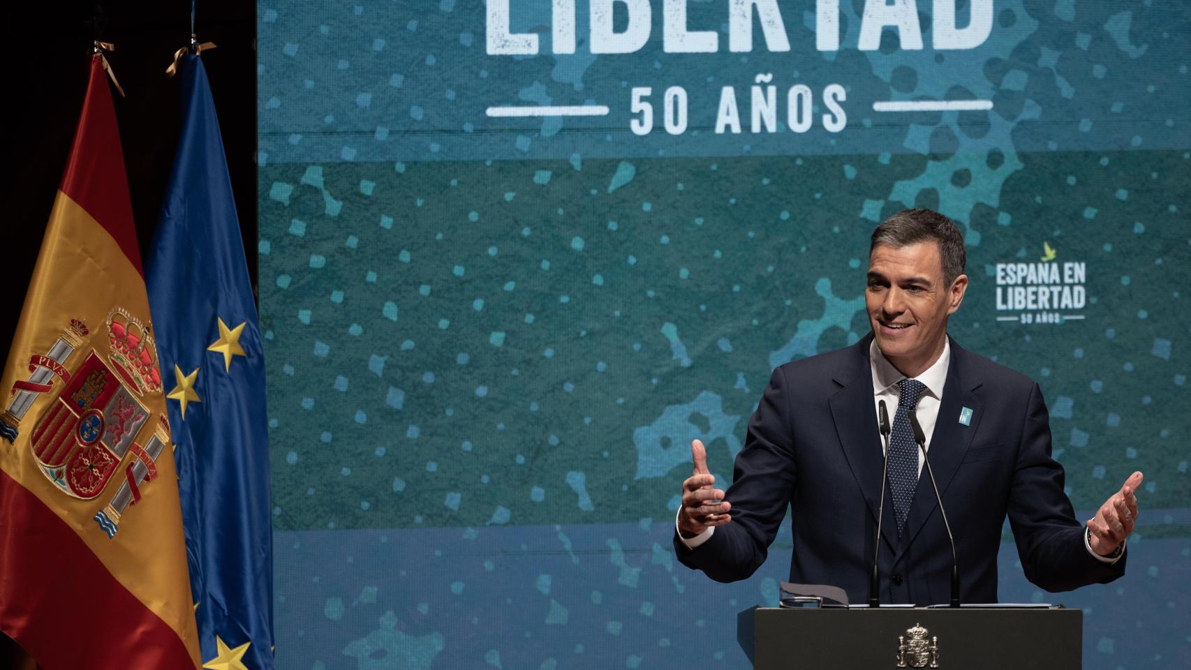 Pedro Sánchez, durante el primero de los cien actos en recuerdo de la muerte de Franco.