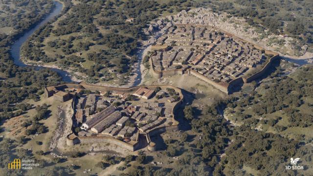 Reconstrucción del aspecto del castro de Villasviejas del Tamuja en el siglo I a.C.