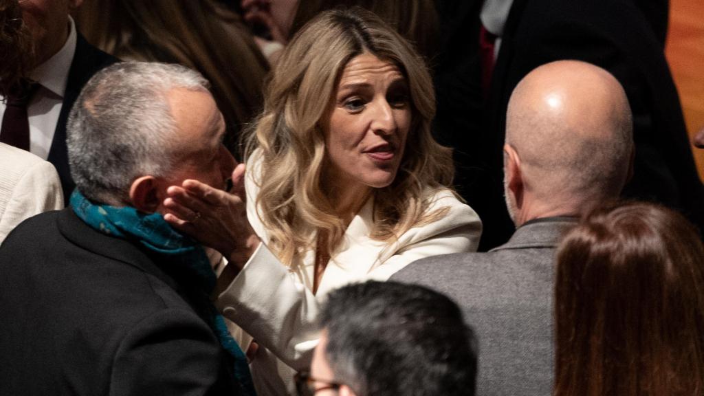 Yolanda Díaz, con Pepe Álvarez y Unai Sordo.