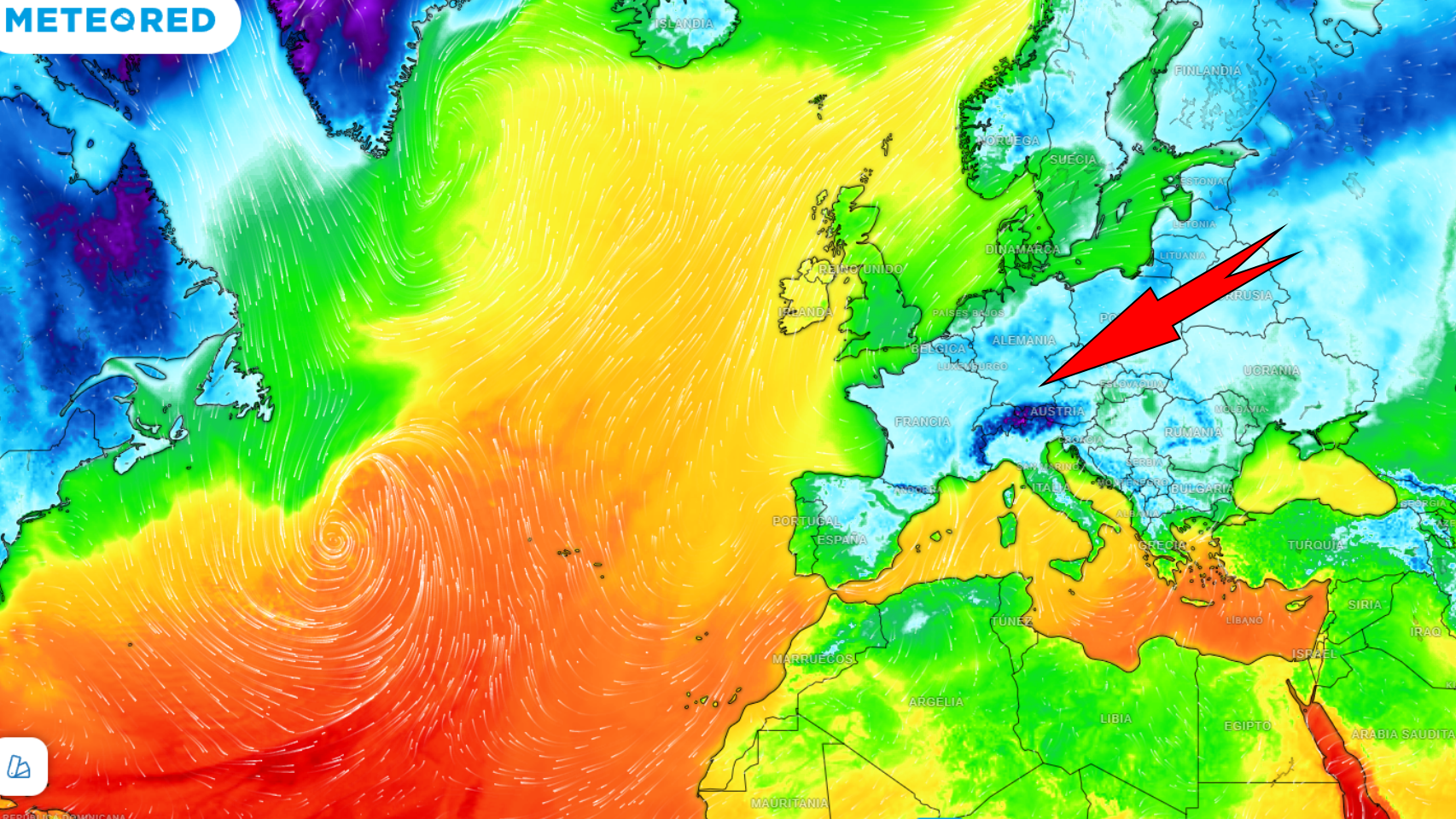 El desplome de las temperaturas previsto entre el domingo y el lunes. Meteored.