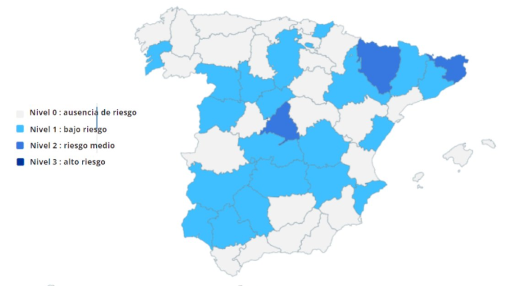 Mapa de avisos del Ministerio de Sanidad.