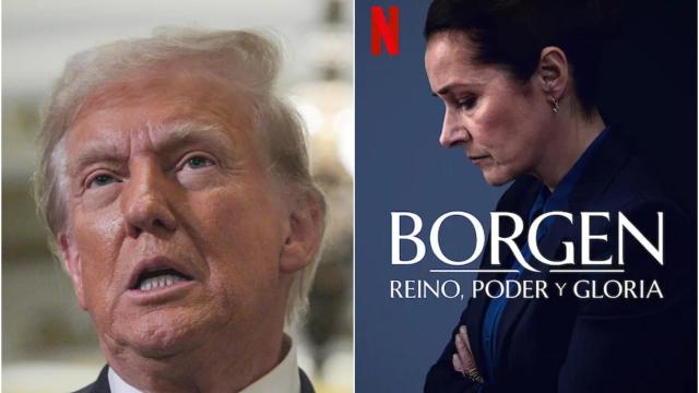 Fotomontaje de BLUPER con Donald Trump y la portada de 'Borgen: reino, poder y gloria'.