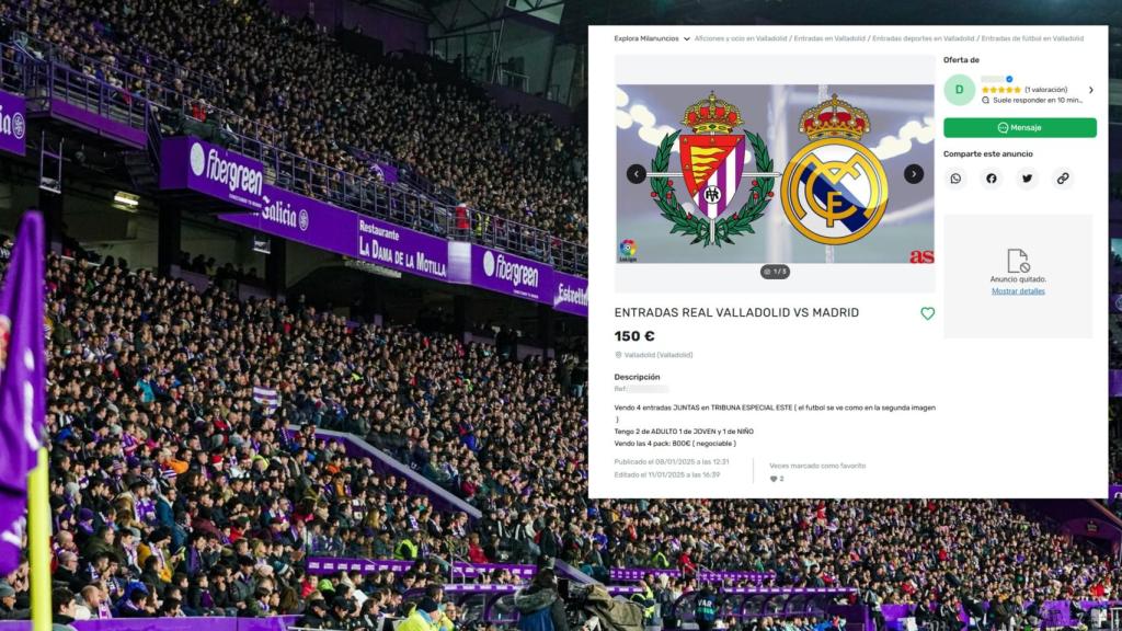 Imagen del estadio José Zorrilla lleno hasta la bandera (foto: Real Valladolid) y uno de los anuncios de la reventa para el partido ante el Real Madrid (Milanuncios.com)