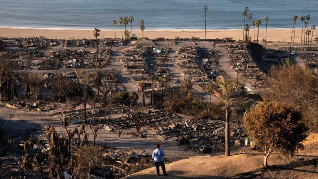 Un hombre observa la desvastación del incendio de Los Ángeles.