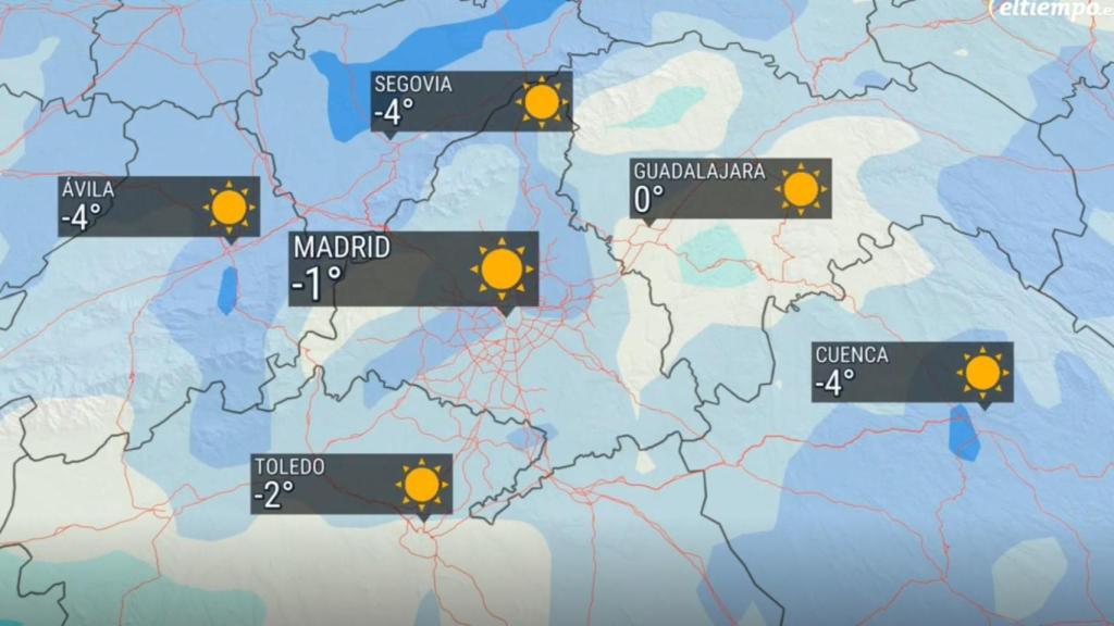 Mapa de Madrid con temperaturas bajas.