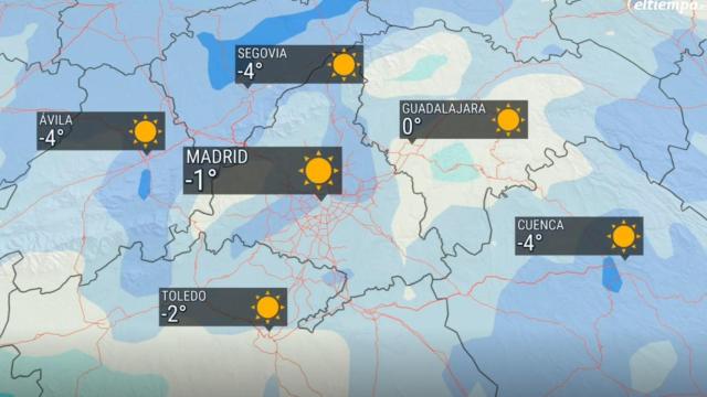 Mapa de Madrid con temperaturas bajas.