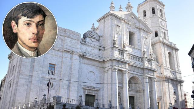 Retrato de Pablo Puchol junto a una imagen de la catedral de Valladolid