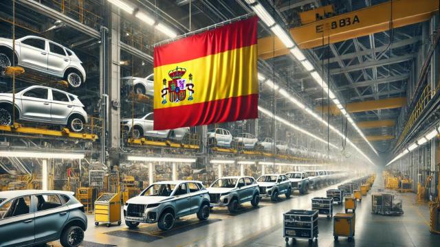 Fotomontaje de una fábrica con la bandera española; España es el segundo constructor de automóviles de Europa.