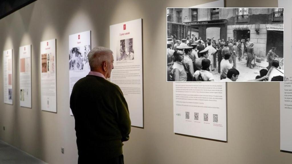 Un visitante de la exposición de Burgos y una imagen del atentado de la cafetería Rolando de Madrid, en un montaje de EL ESPAÑOL